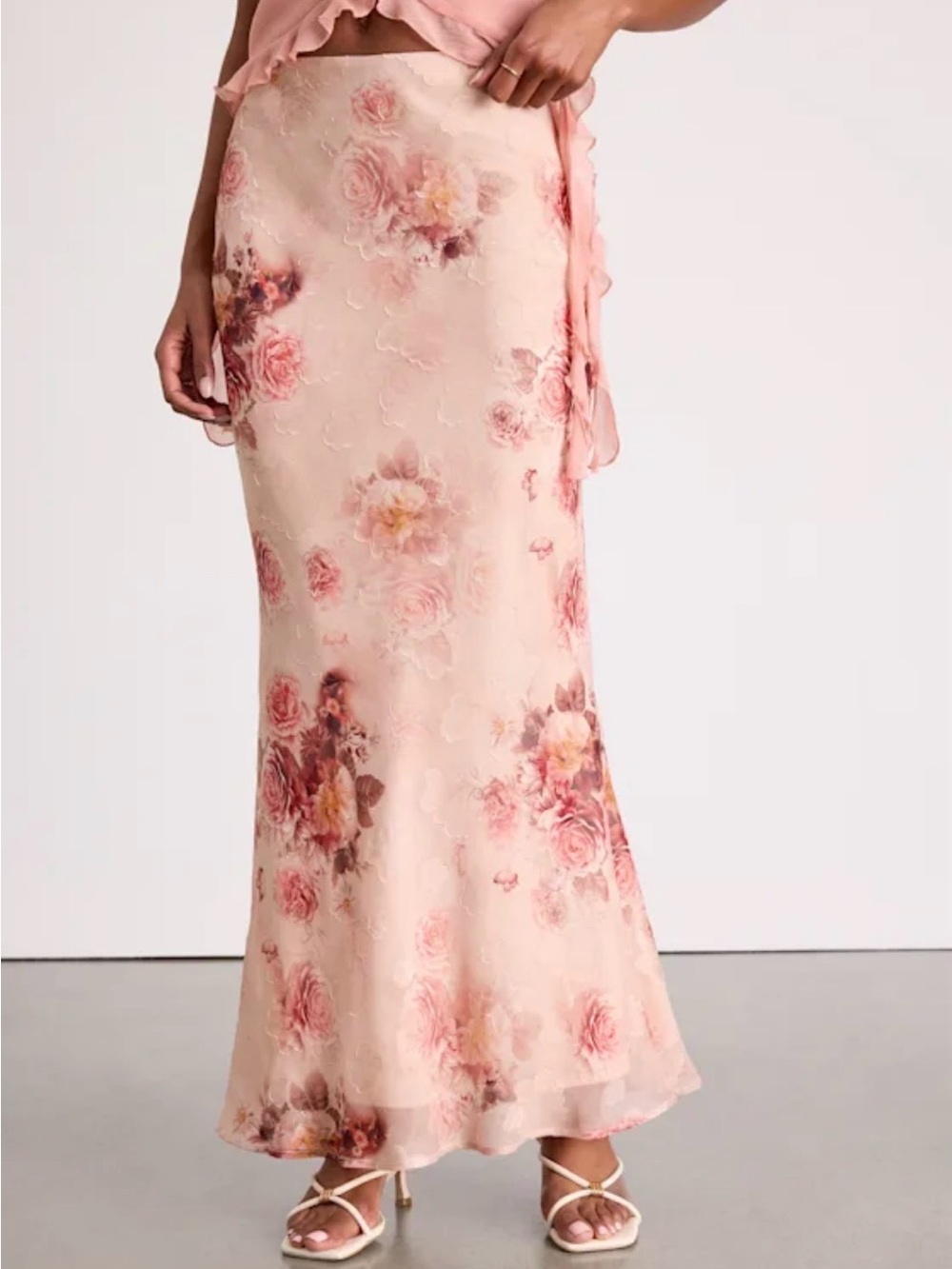 Lulu's Blush Pink Floral Satin Maxi Skirt